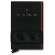 Victorinox Smart Card Wallet shown in red, gray, and gold variants with integrated SwissCard tools and card sliding mechanism.