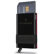 Victorinox Smart Card Wallet shown in red, gray, and gold variants with integrated SwissCard tools and card sliding mechanism.