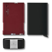 Victorinox Smart Card Wallet shown in red, gray, and gold variants with integrated SwissCard tools and card sliding mechanism.