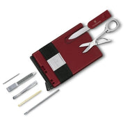 Victorinox Smart Card Wallet shown in red, gray, and gold variants with integrated SwissCard tools and card sliding mechanism.