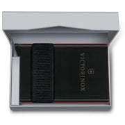 Victorinox Smart Card Wallet shown in red, gray, and gold variants with integrated SwissCard tools and card sliding mechanism.