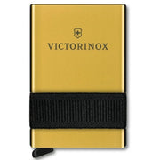 Victorinox Smart Card Wallet shown in red, gray, and gold variants with integrated SwissCard tools and card sliding mechanism.