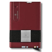 Victorinox Smart Card Wallet shown in red, gray, and gold variants with integrated SwissCard tools and card sliding mechanism.