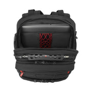 Wenger Pegasus Deluxe 16-inch laptop backpack in black showing ergonomic straps and stabilizing base.