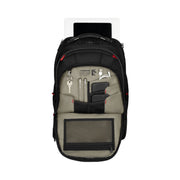 Wenger Pegasus Deluxe 16-inch laptop backpack in black showing ergonomic straps and stabilizing base.