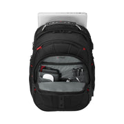 Wenger Pegasus Deluxe 16-inch laptop backpack in black showing ergonomic straps and stabilizing base.