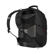 Wenger Pegasus Deluxe 16-inch laptop backpack in black showing ergonomic straps and stabilizing base.