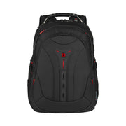 Wenger Pegasus Deluxe 16-inch laptop backpack in black showing ergonomic straps and stabilizing base.