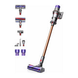 Dyson Cyclone V10 Absolute Cordless Vacuum Cleaner in Copper/Nickel, with its attachments