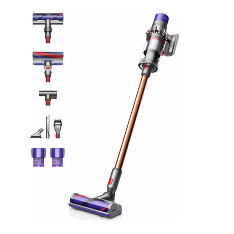 Dyson Cyclone V10 Absolute Cordless Vacuum Cleaner in Copper/Nickel, with its attachments