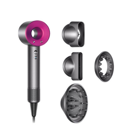 Dyson Supersonic HD07 Hair Dryer in Iron/Fuchsia, with its attachments