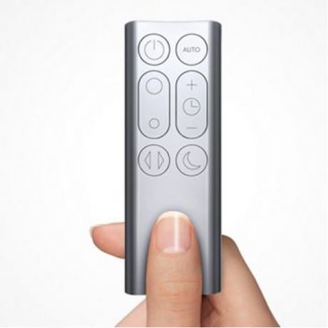 Dyson Pure Cool Link TP02 Purifying Fan in White/Silver, remote control in the hand