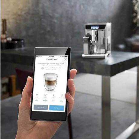 De'Longhi PrimaDonna Elite ECAM650.85.MS Bean-to-Cup Coffee Machine in Metal Silver, app control on a phone