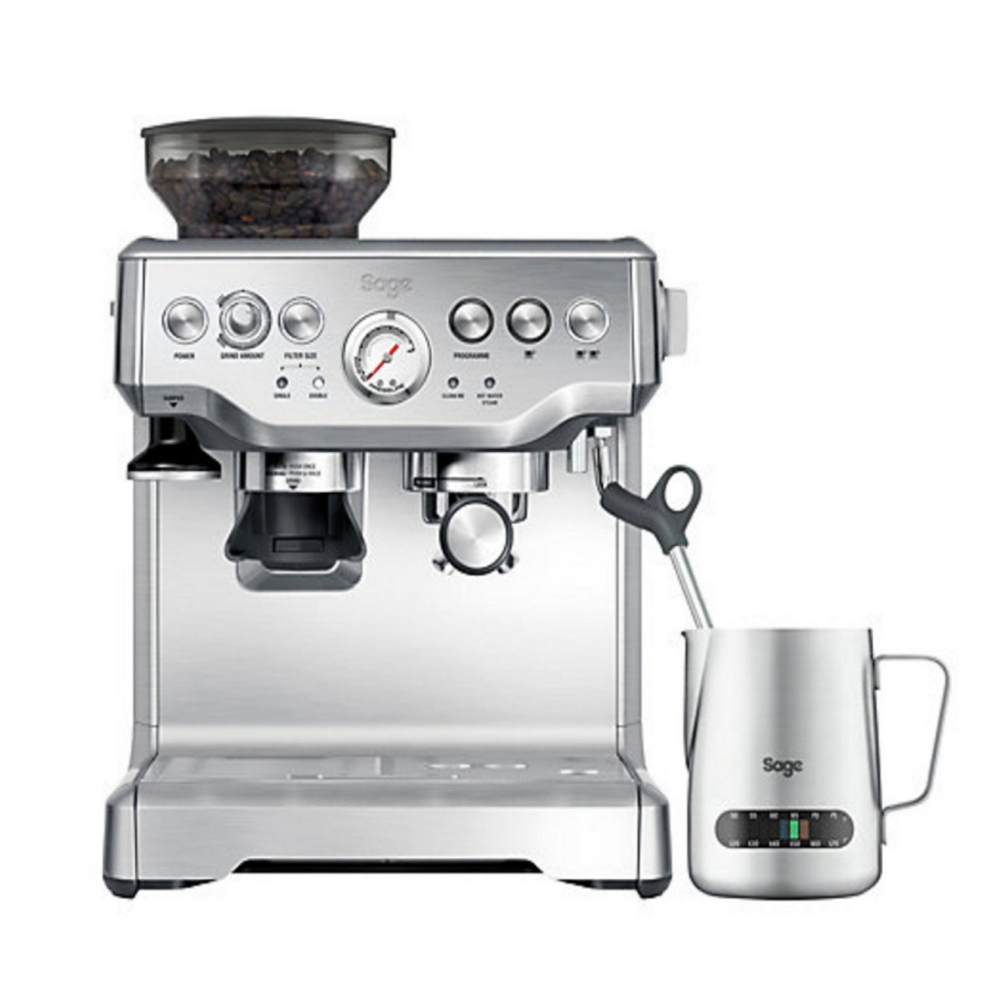 Sage Barista Express BES875UK Espresso Machine in Brushed Stainless Steel, front view with a milk jug