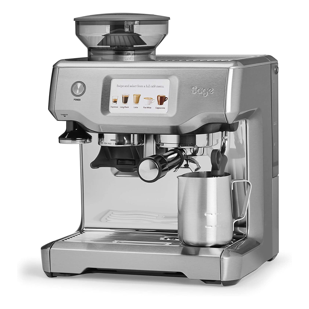 Sage Barista Touch SES880BSS Espresso Machine in Brushed Stainless Steel, angled view
