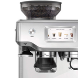 Sage Barista Touch SES880BSS Espresso Machine in Brushed Stainless Steel, close-up of the touchscreen and hopper