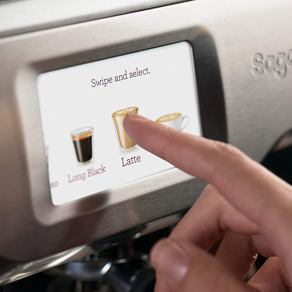 Sage Barista Touch SES880BSS Espresso Machine in Brushed Stainless Steel, selecting a drink on the touchscreen