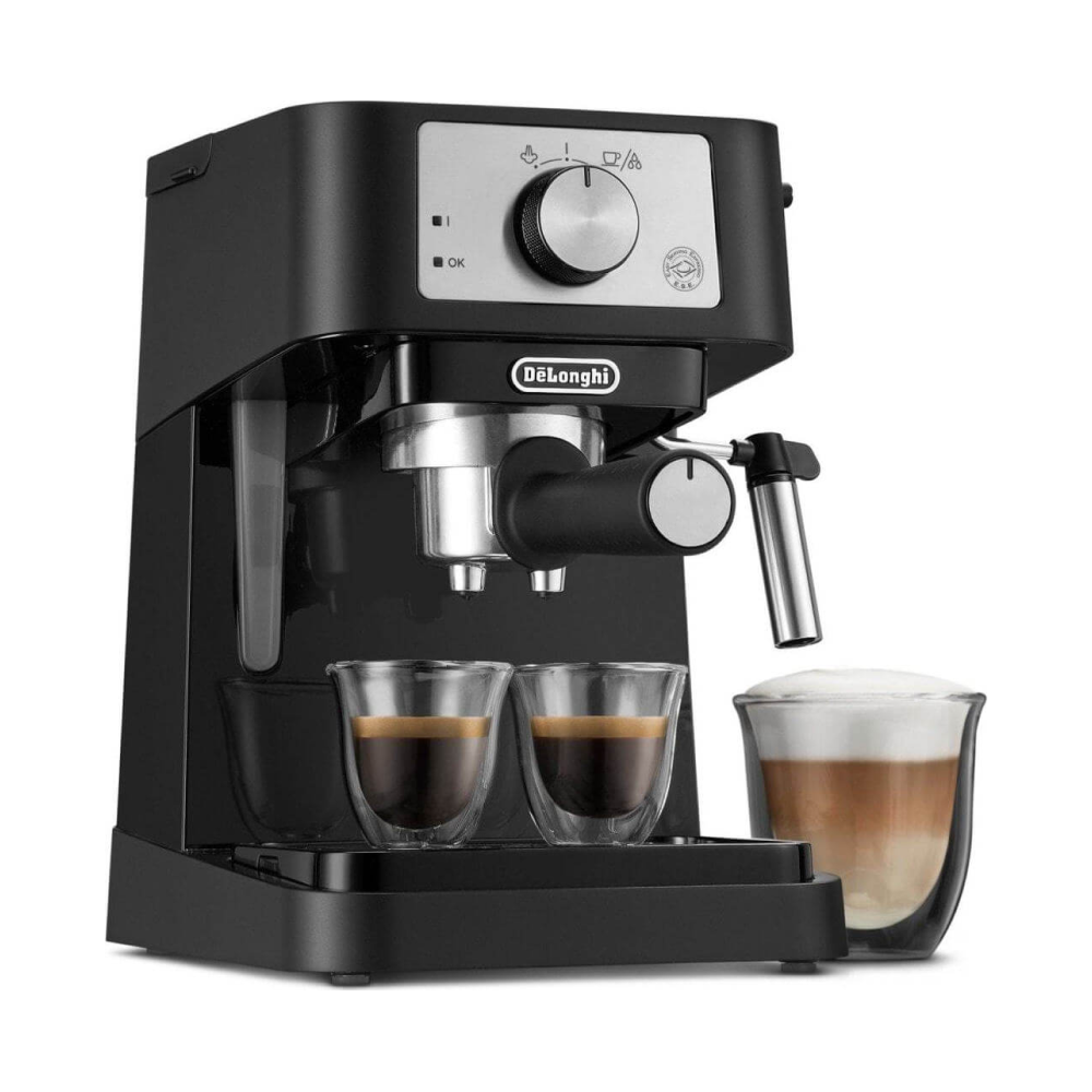De'Longhi Stilosa EC260.BK Espresso Machine in Black, front view with coffee cups