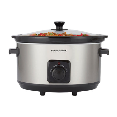 Morphy Richards 461013 Slow Cooker in Brushed Stainless Steel, angled view