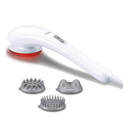 Beurer MG 21 handheld infrared massager in white showing the massage head, infrared lamp, and three interchangeable attachments.