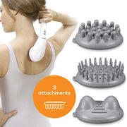 Beurer MG 21 handheld infrared massager in white showing the massage head, infrared lamp, and three interchangeable attachments.