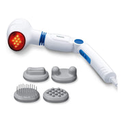 Beurer MG 40 handheld infrared massager in white featuring an adjustable handle, rotating head, and four interchangeable massage attachments.