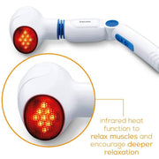 Beurer MG 40 handheld infrared massager in white featuring an adjustable handle, rotating head, and four interchangeable massage attachments.