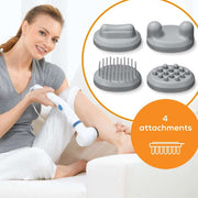 Beurer MG 40 handheld infrared massager in white featuring an adjustable handle, rotating head, and four interchangeable massage attachments.