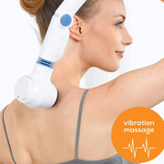 Beurer MG 40 handheld infrared massager in white featuring an adjustable handle, rotating head, and four interchangeable massage attachments.