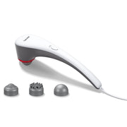 Beurer MG 55 tapping body massager featuring a long ergonomic handle, adjustable intensity slider, and three interchangeable threaded heads.