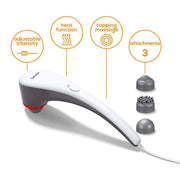 Beurer MG 55 tapping body massager featuring a long ergonomic handle, adjustable intensity slider, and three interchangeable threaded heads.